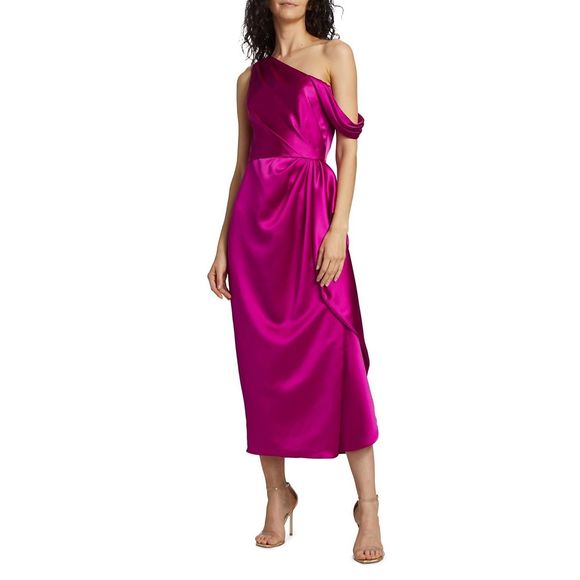NWT Amsale Draped Satin One-Shoulder Midi Dress Size 6 $650